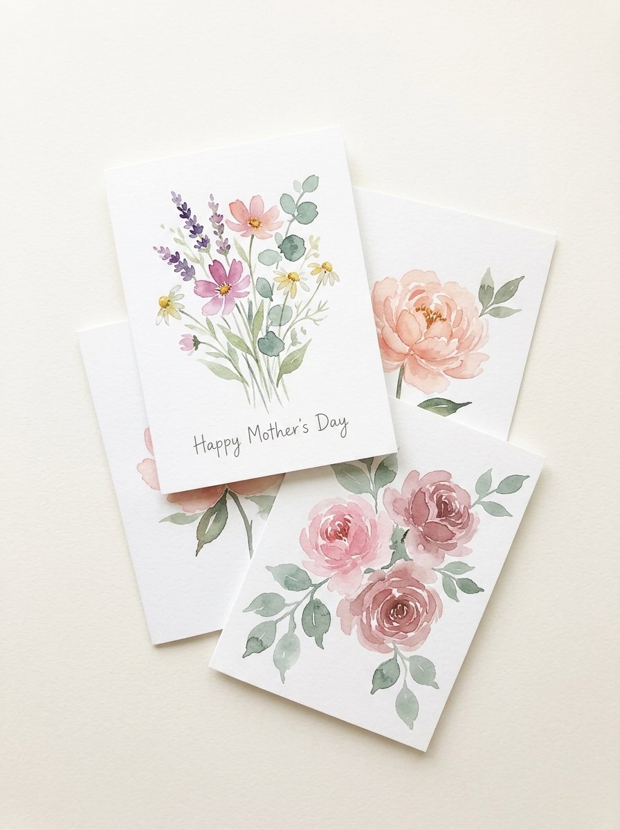 Collection of finished watercolour Mother's Day cards with peonies roses tulips and eucalyptus