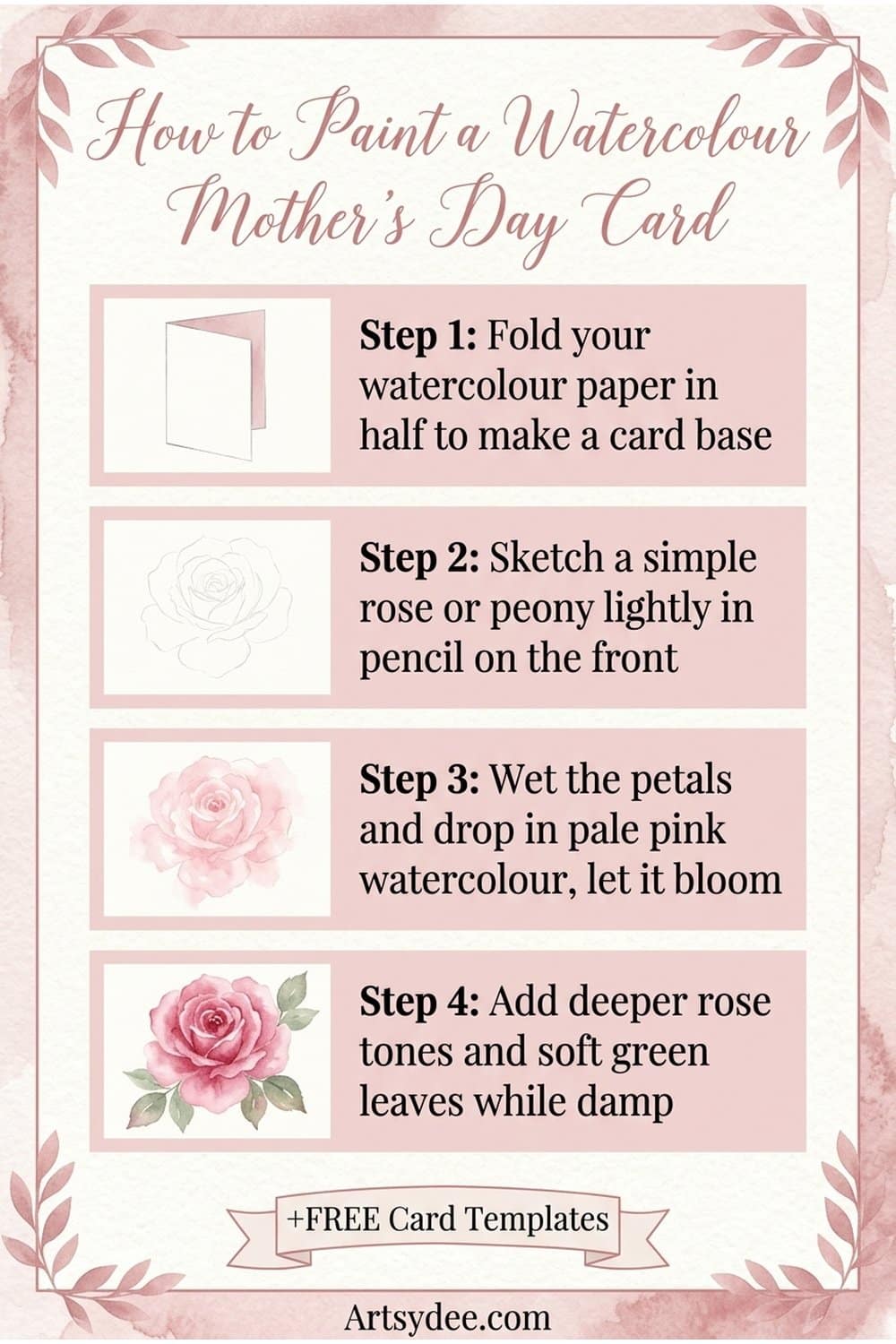 Step by step infographic showing how to paint a watercolour Mother's Day card in four simple steps