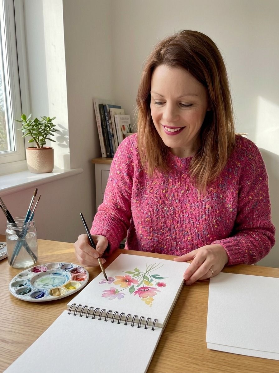 Dee painting watercolor florals in her studio