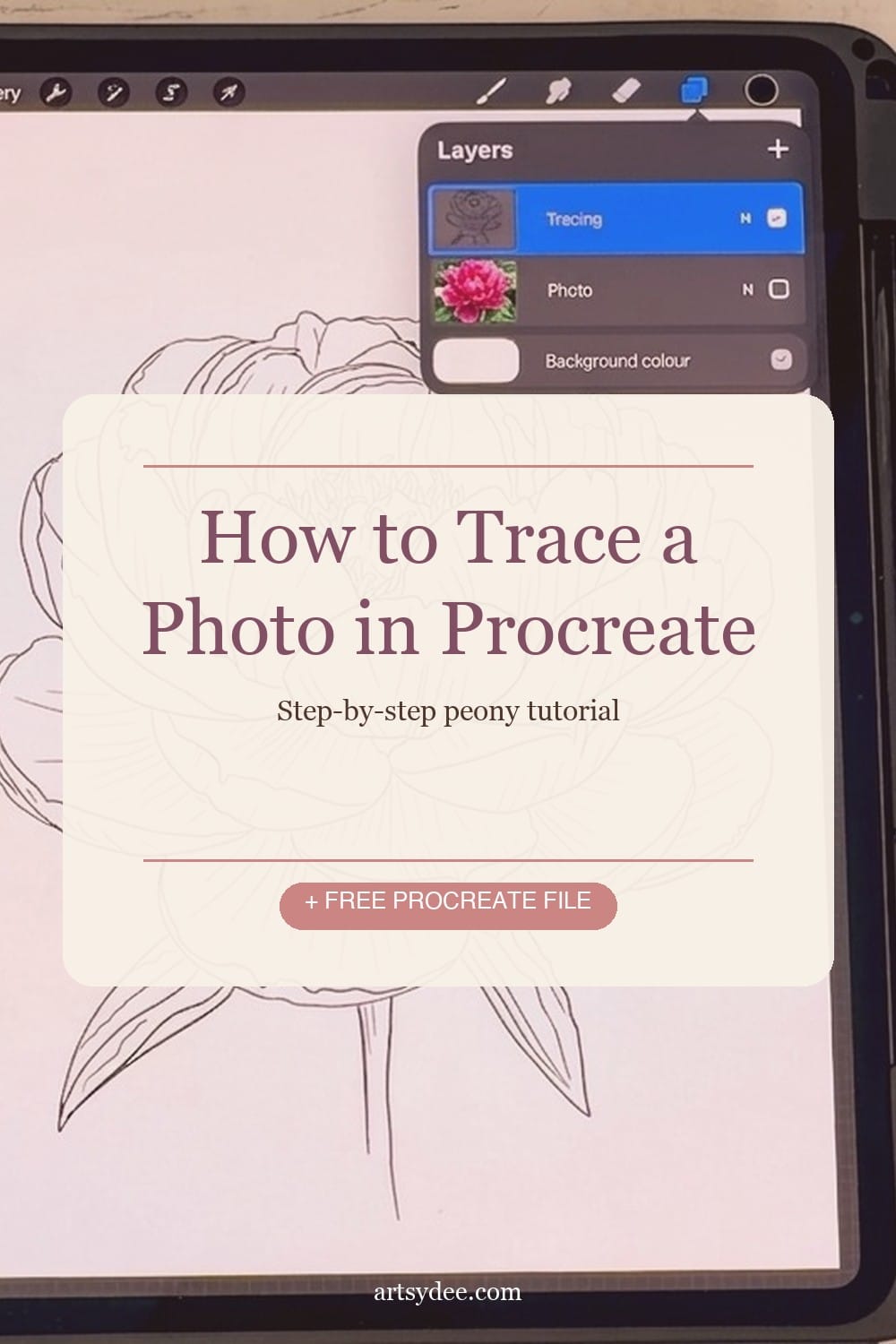 How to trace a photo in Procreate Pinterest pin &mdash; peony tracing tutorial with free Procreate file download
