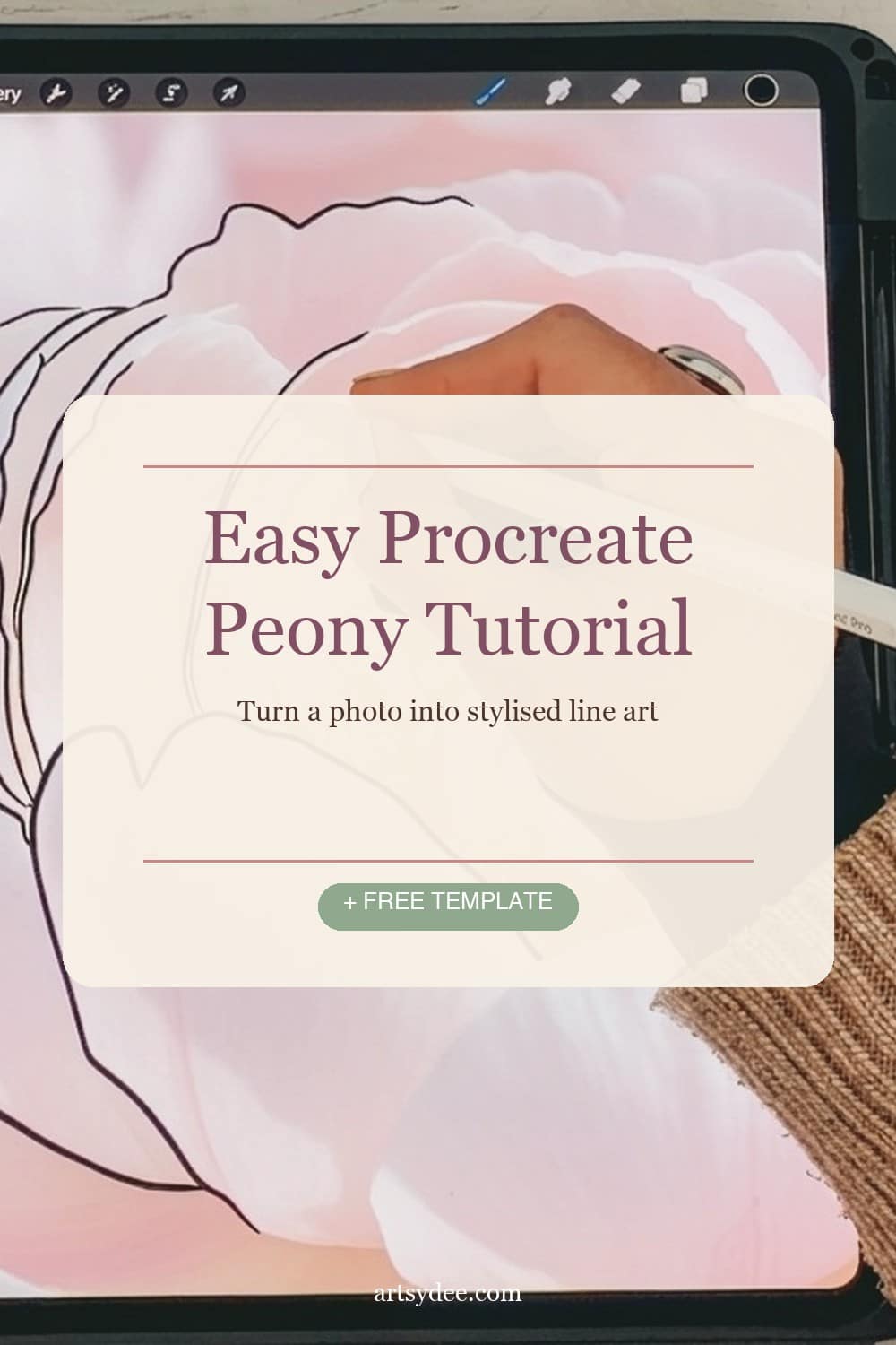 Easy Procreate peony tutorial Pinterest pin &mdash; turn a photo into stylised line art with free template