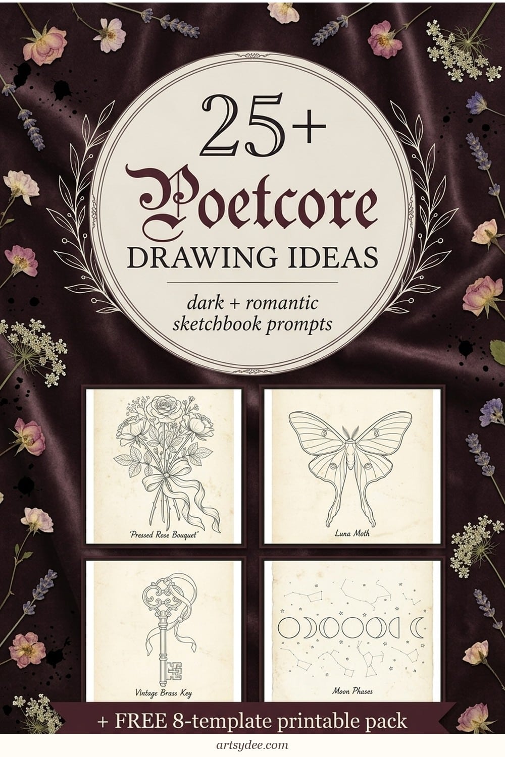 25+ poetcore drawing ideas infographic — pressed rose, luna moth, vintage brass key, moon phases, free 8-template printable pack