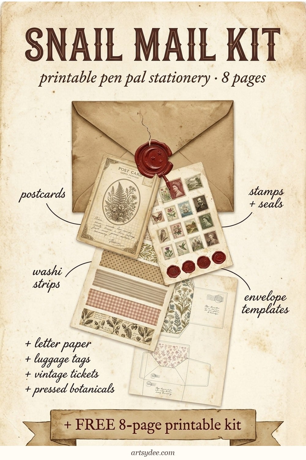 Free snail mail junk journal kit infographic &mdash; vintage envelope with ephemera cascade, 8-page printable pen pal stationery