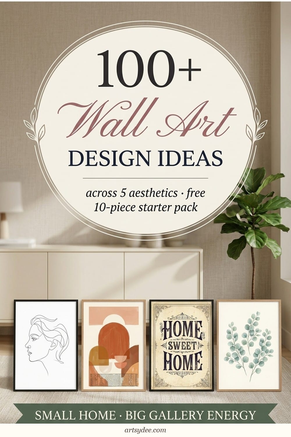 100+ printable wall art design ideas infographic across 5 aesthetics &mdash; aesthetic, boho, vintage, black and white, botanical &mdash; free 10-piece starter pack
