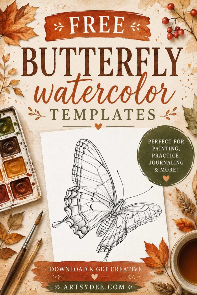 Free butterfly watercolor templates pin with a butterfly line art page, autumn leaves and a watercolor paint tin
