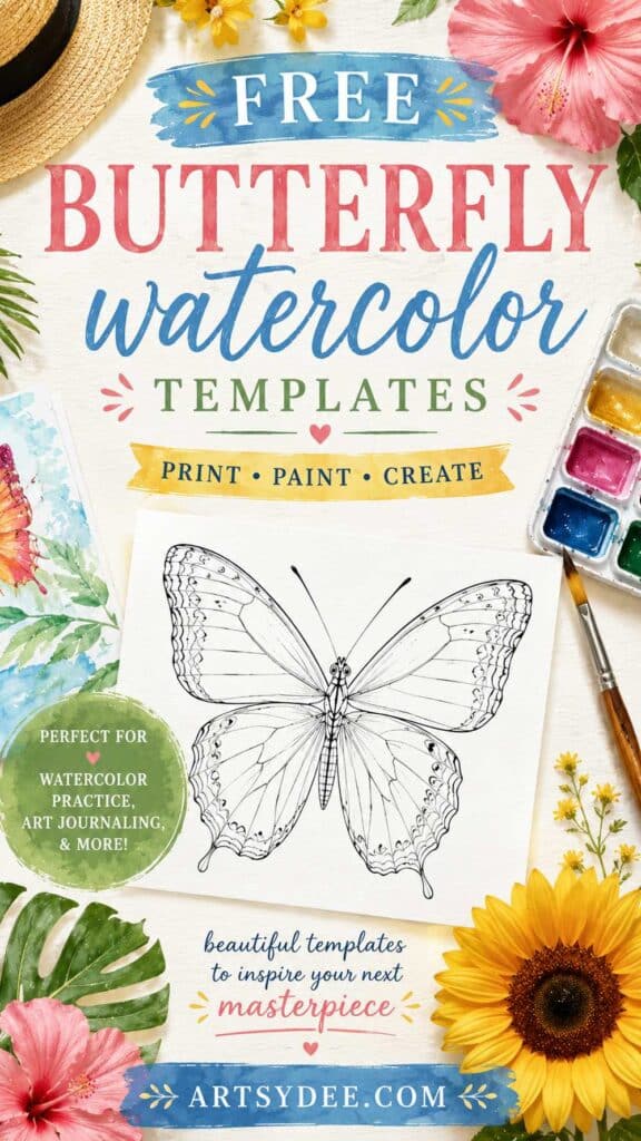 Free butterfly watercolor templates pin with a butterfly line art page, sunflowers, hibiscus and a paint palette