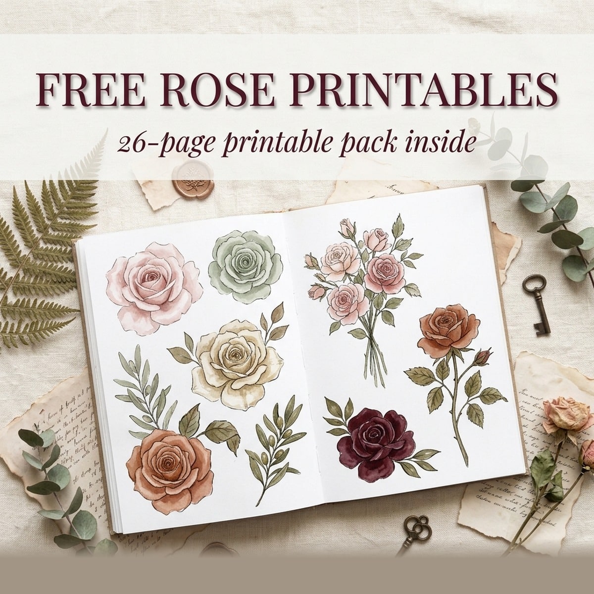 19+ free rose printables — templates, watercolour cards, bouquets, wreaths and craft kit from Artsydee