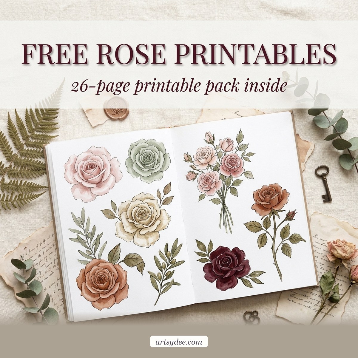 19+ free rose printables &mdash; templates, watercolour cards, bouquets, wreaths and a craft kit in one free PDF from Artsydee