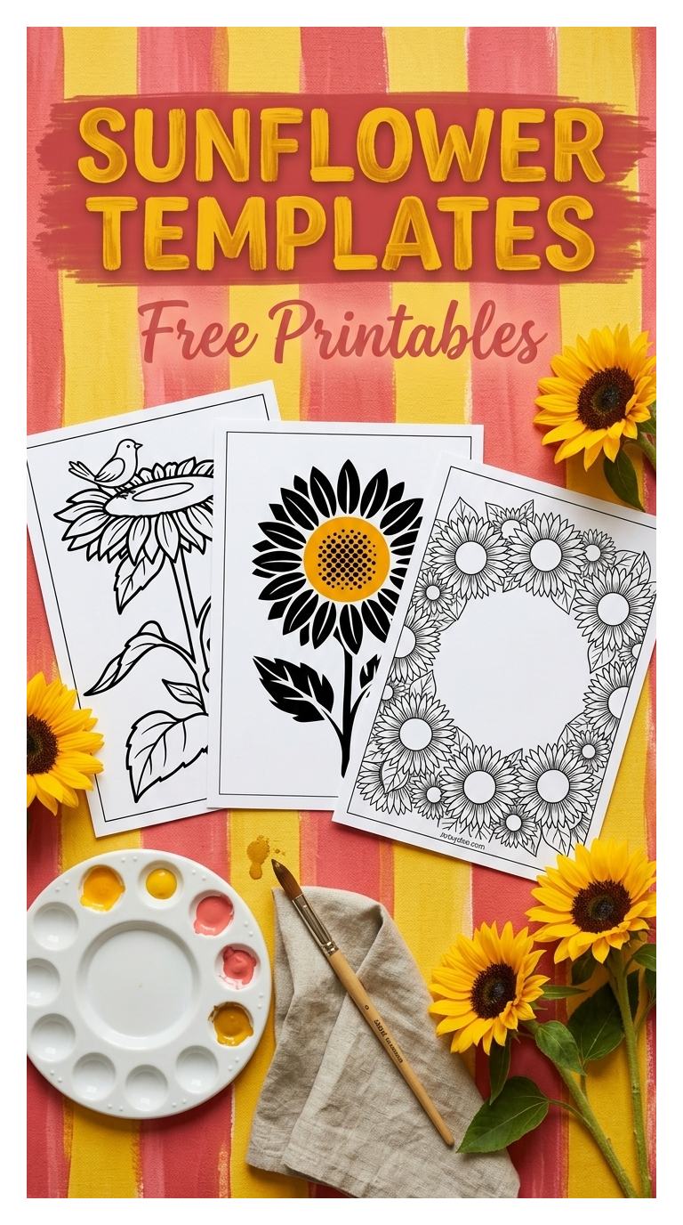 Free printable sunflower template — one of 35+ sunflower templates from artsydee.com. Use for watercolor painting, coloring pages, junk journal tags and craft stencils. (E-format pin #01)