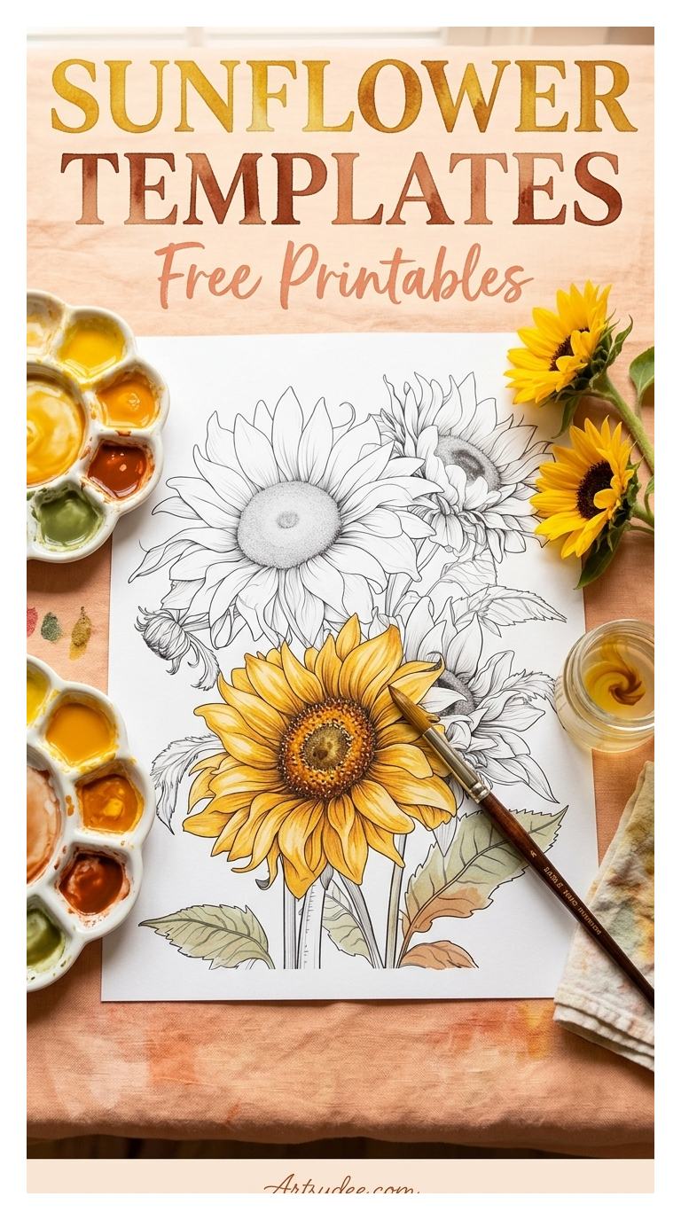 Free printable sunflower template — one of 35+ sunflower templates from artsydee.com. Use for watercolor painting, coloring pages, junk journal tags and craft stencils. (D-format pin #02)