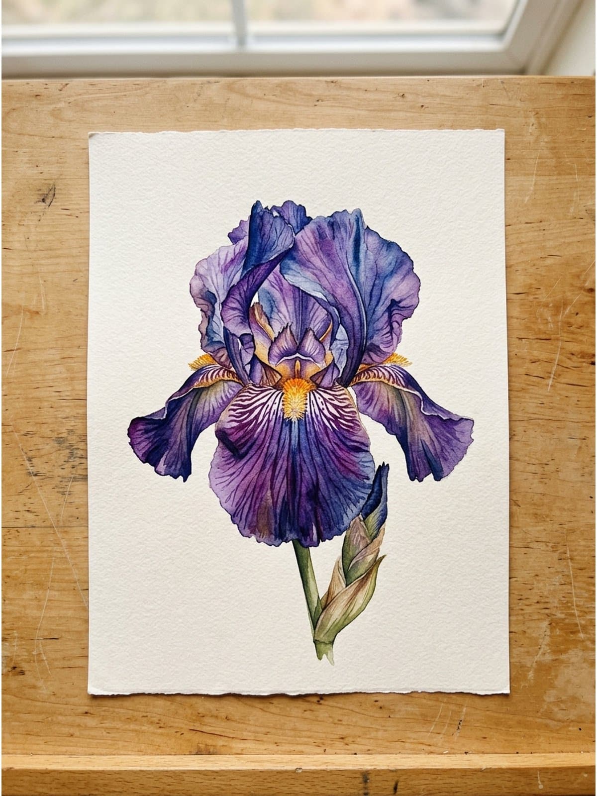 Loose watercolor painting of bearded irises on cold press watercolor paper