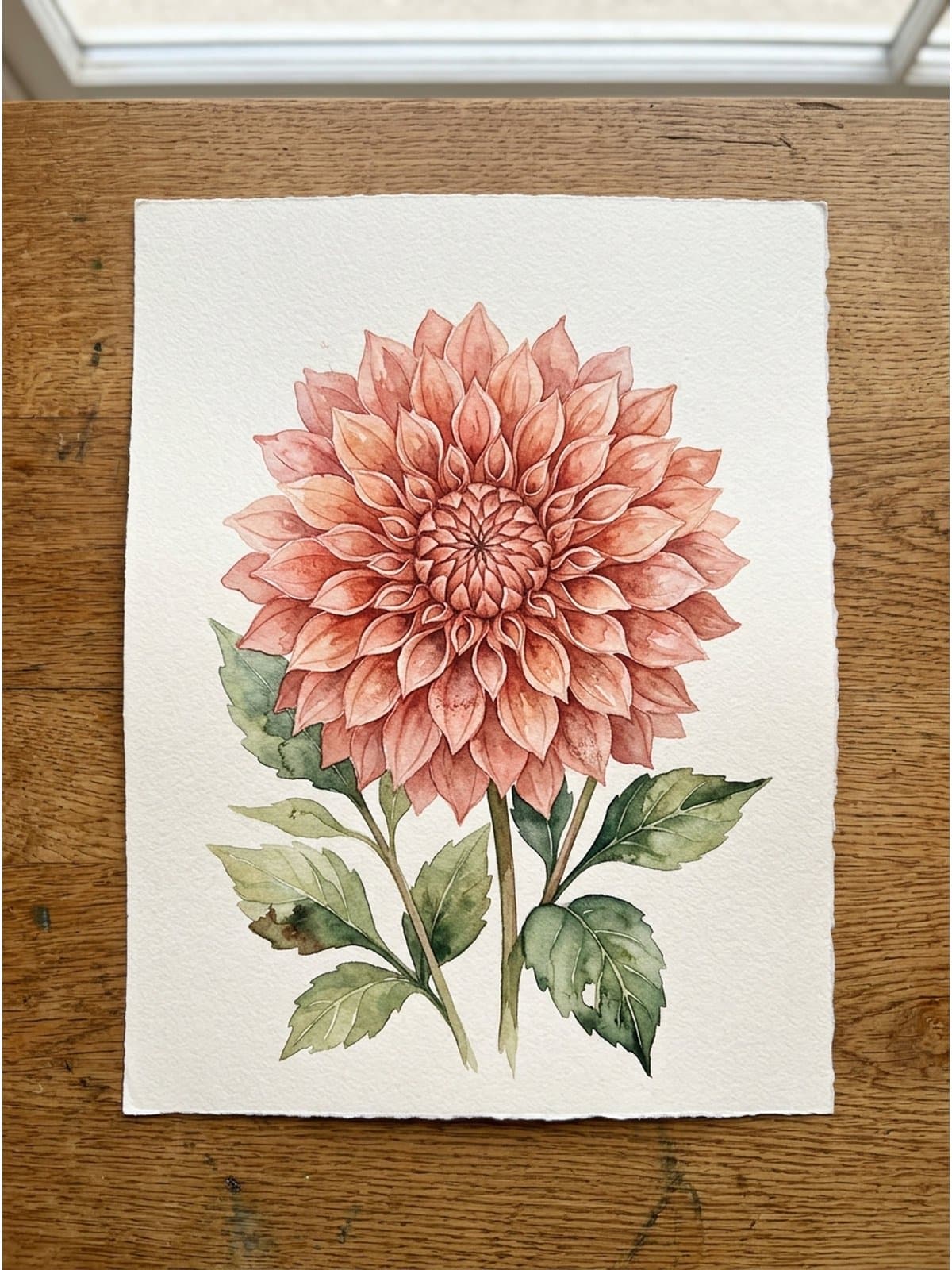 Loose watercolor painting of dahlias on cold press watercolor paper