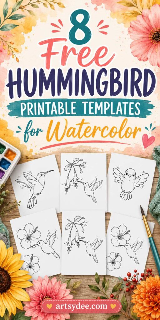Pinterest pin reading '8 Free Hummingbird Printable Templates for Watercolor' with yellow hibiscus and paint splatter