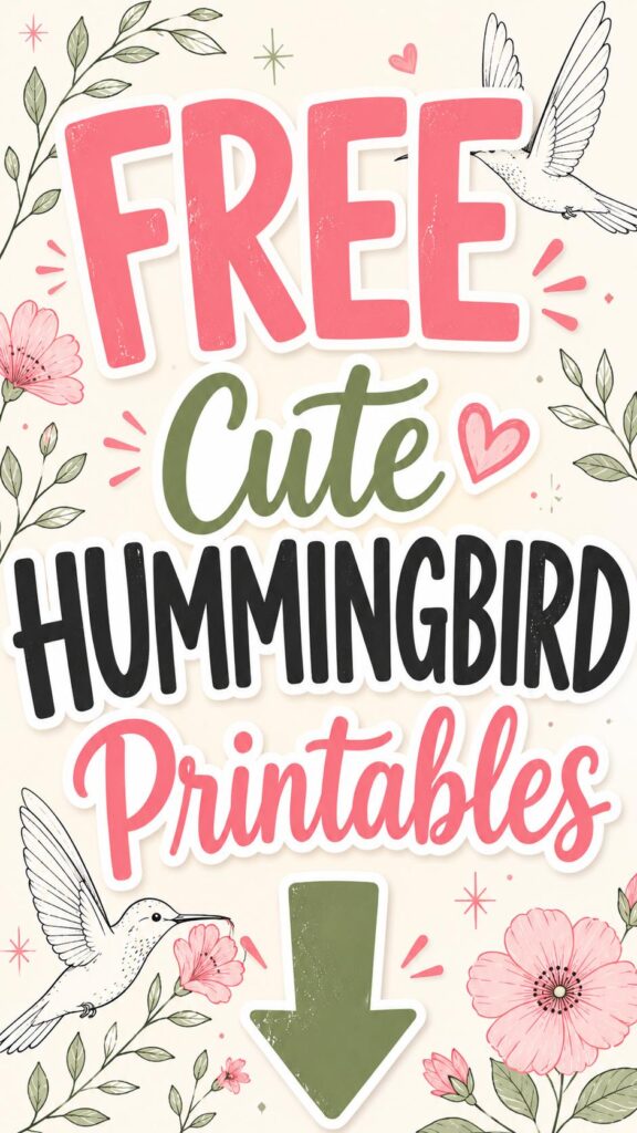 Pinterest pin reading 'FREE Cute Hummingbird Printables' with blush florals and flying hummingbird