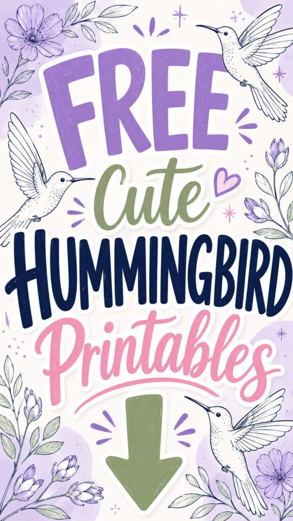 Pinterest pin reading 'FREE Cute Hummingbird Printables' with lavender florals and line-art hummingbirds