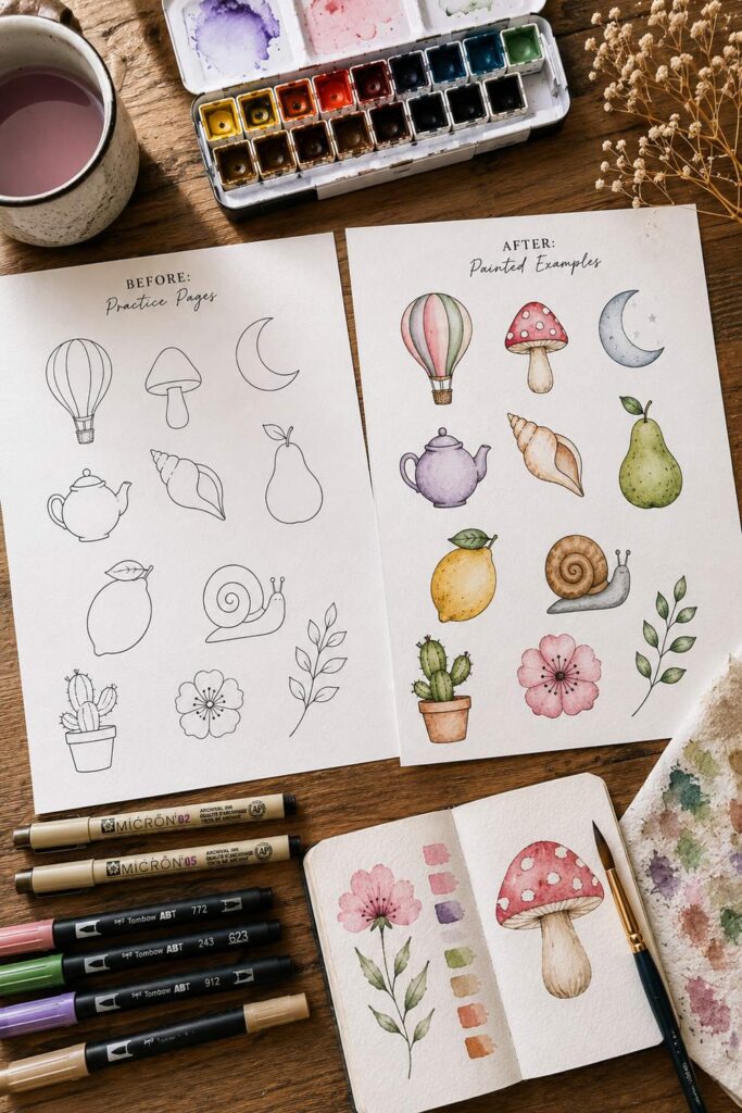 Daily watercolor practice sheets for warm ups with 15-minute brush and value scale drills