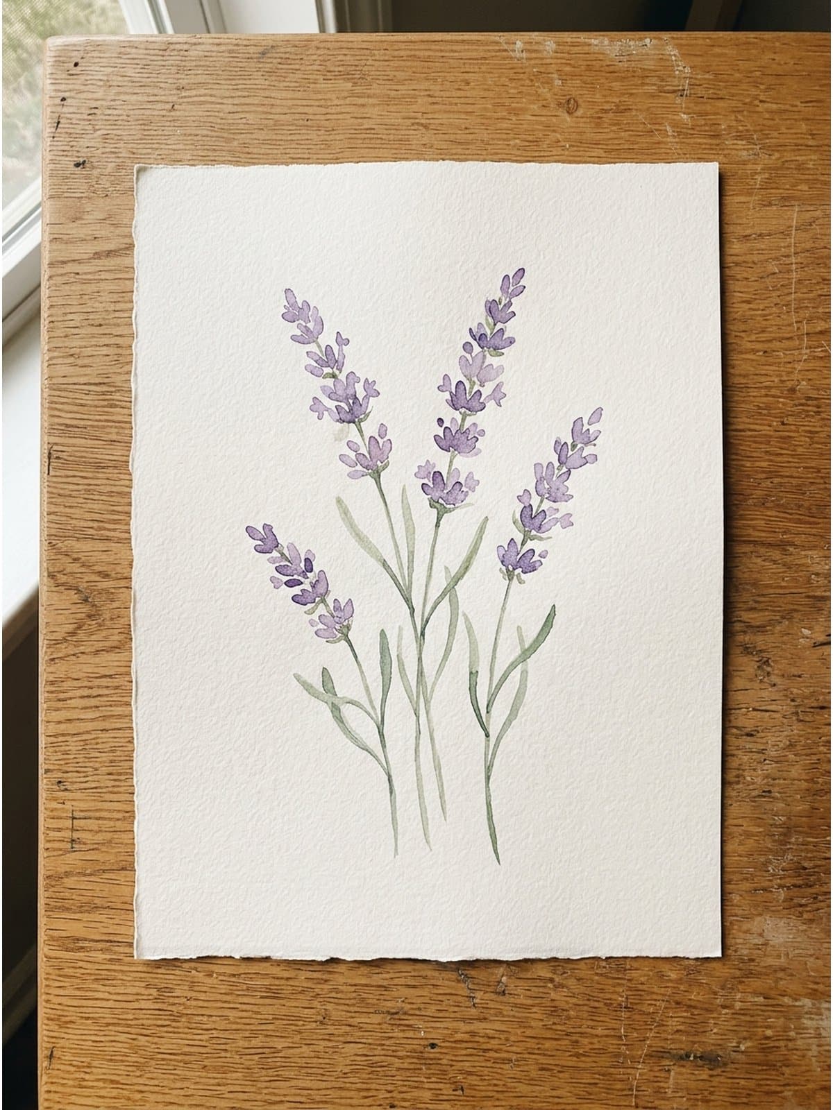 Loose watercolor painting of lavender sprigs on cold press watercolor paper