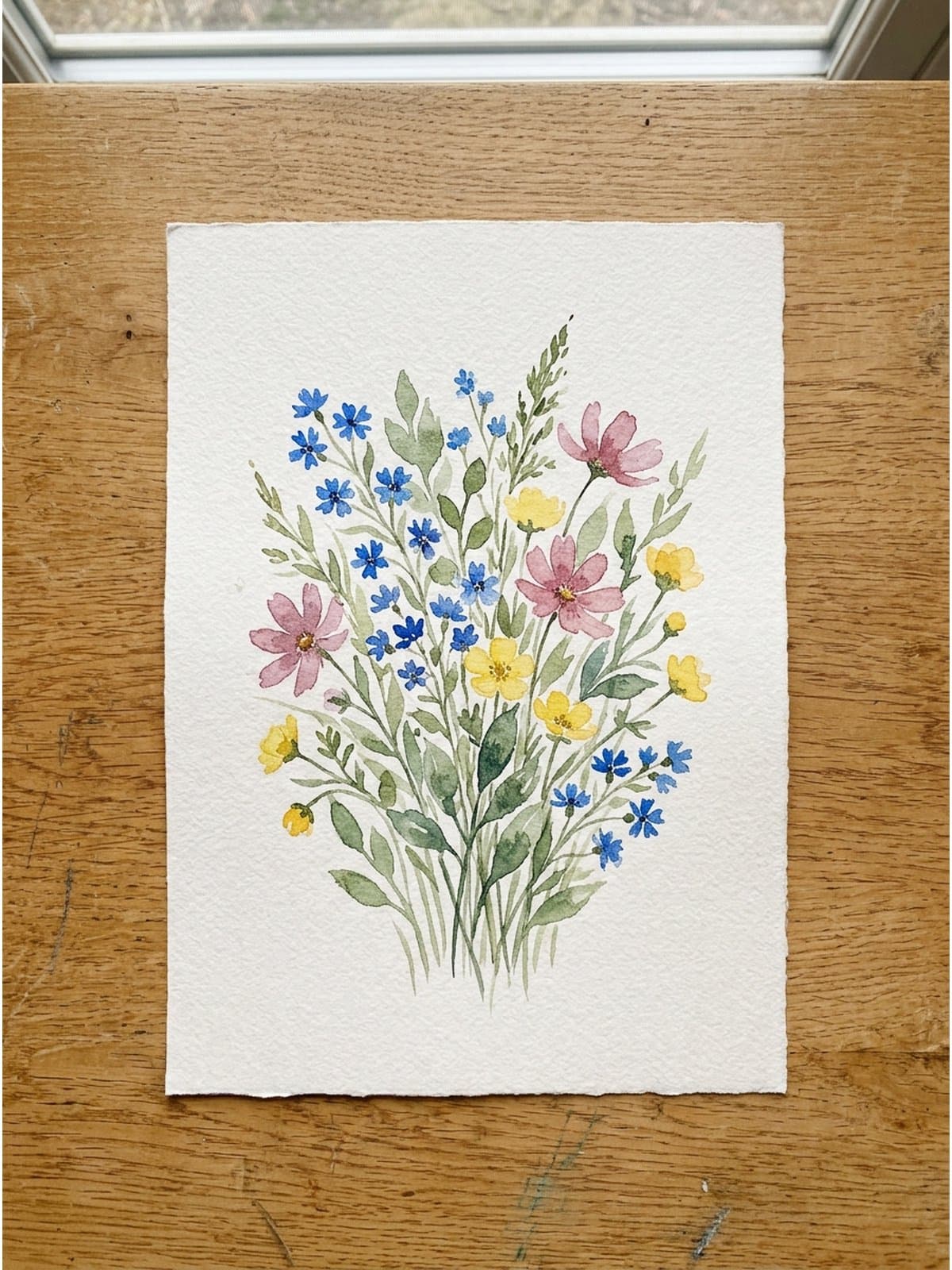 Loose watercolor painting of wildflower bouquets on cold press watercolor paper