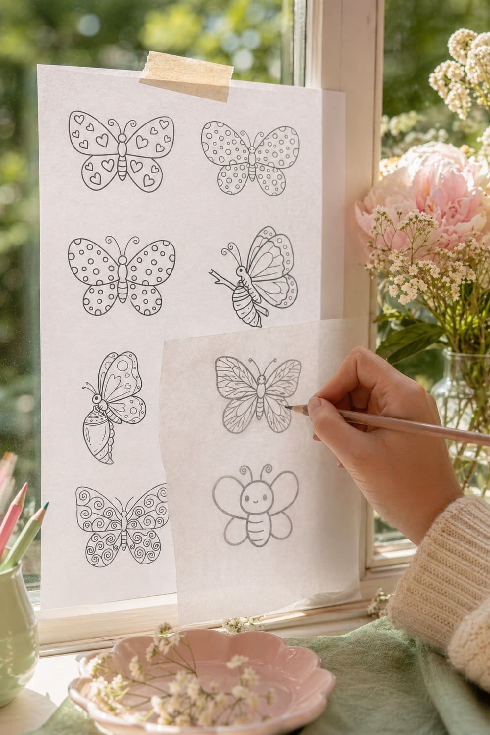 Cute butterfly template page on a desk being traced with a pencil onto thin tracing paper, soft window light