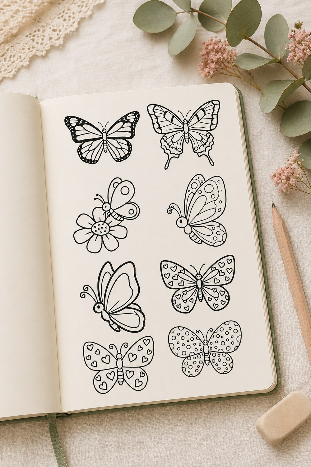 Open sketchbook with a hand-drawn cute butterfly outline on cream paper, wood pencils and a small ceramic palette beside it