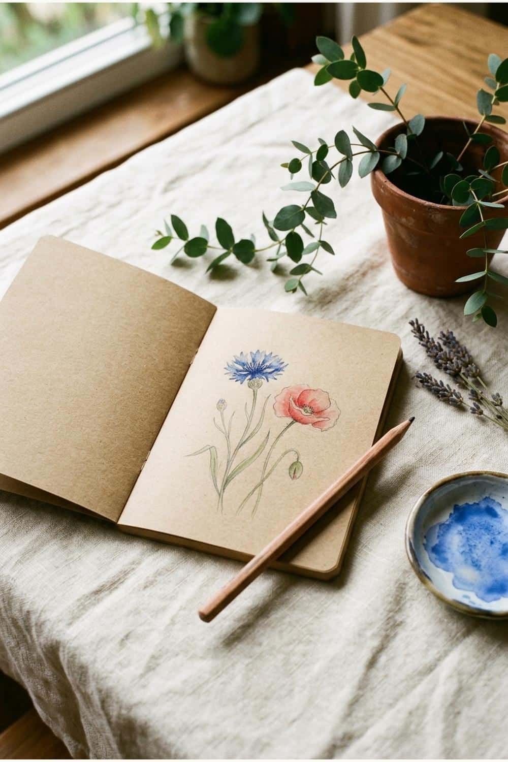 Wildflower drawing in an open sketchbook with art supplies