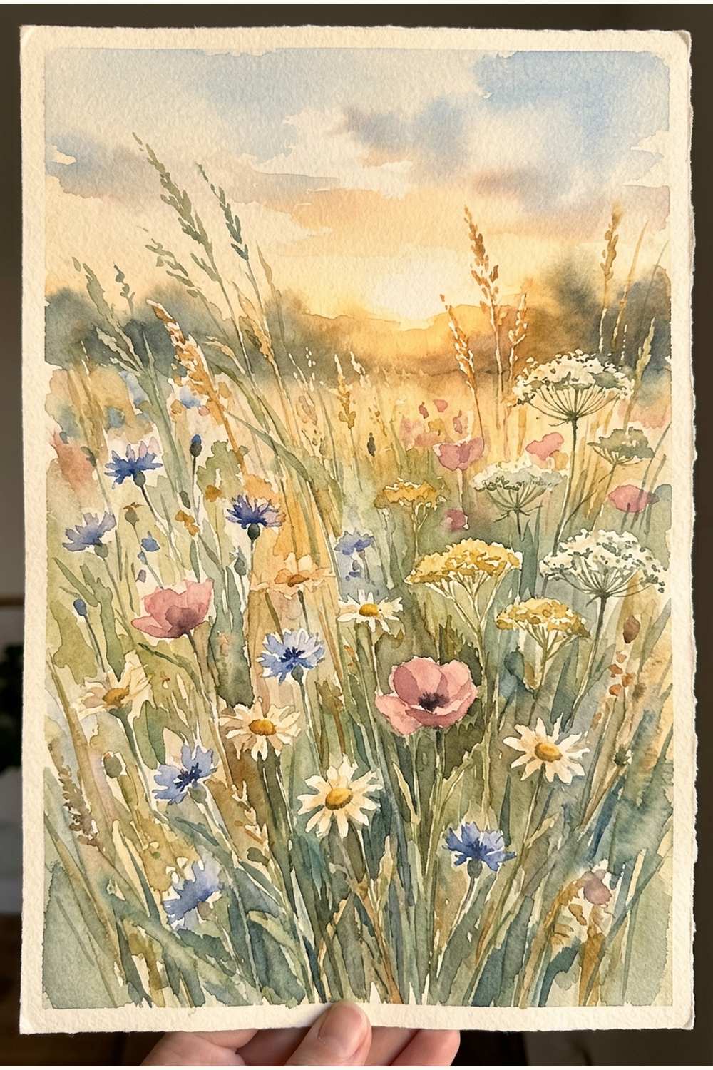 Soft watercolour wild meadow scene with wildflowers