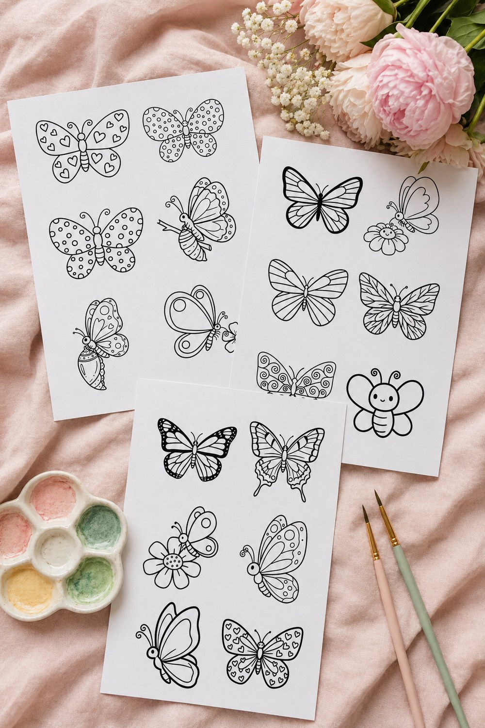 Three pages of the Cute Butterfly Templates printable pack fanned out on a linen desk surface with a small bouquet and unbranded watercolor pans