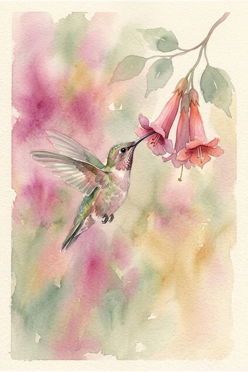 watercolour hummingbird hovering at a trumpet flower