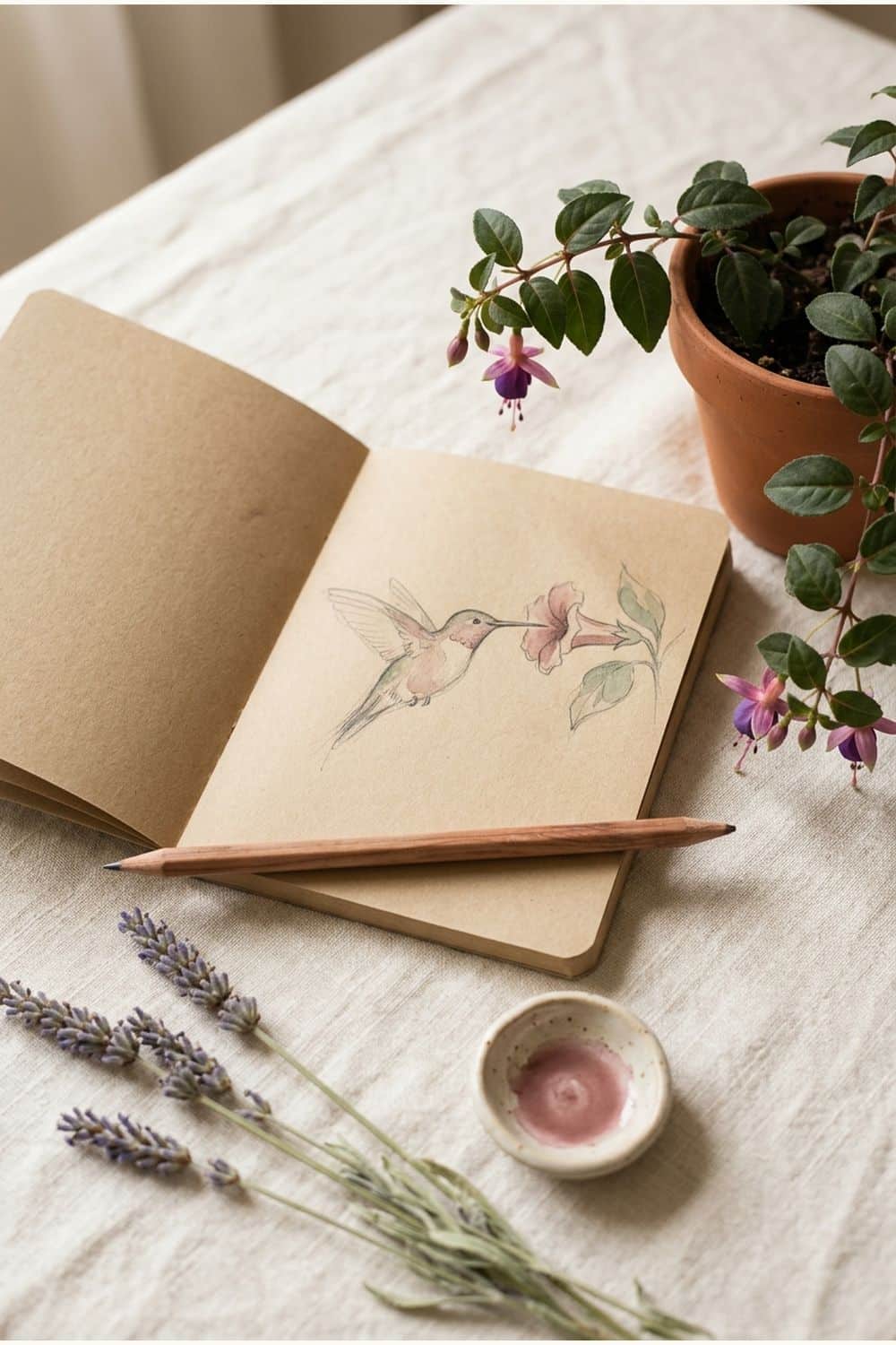 open sketchbook with cute hummingbird outline drawings