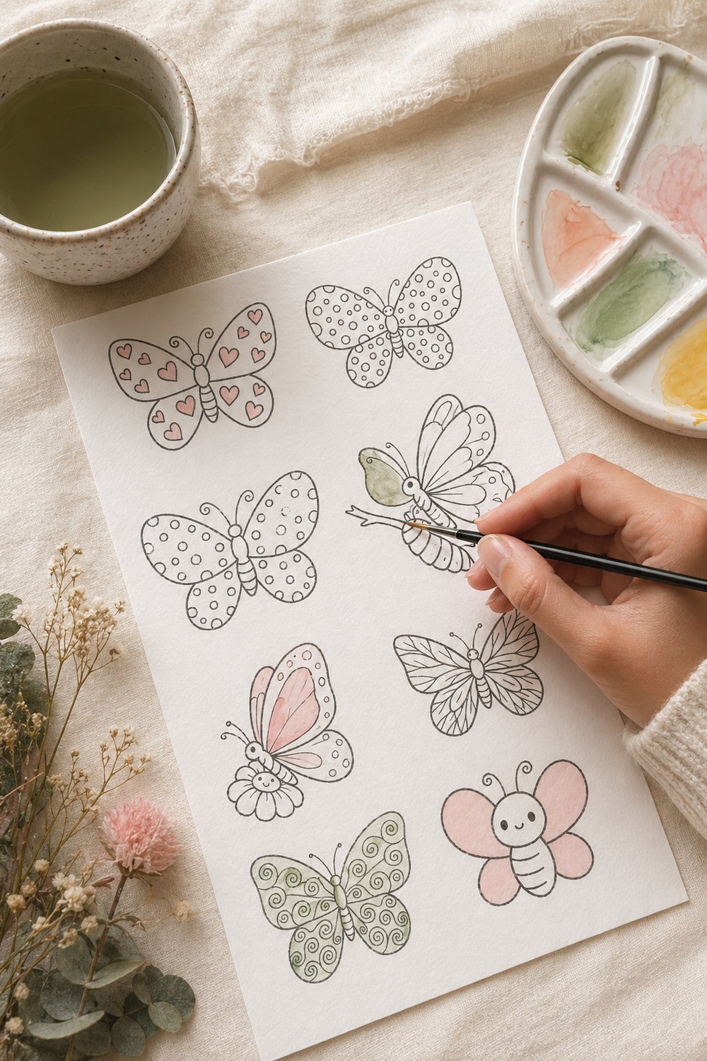 A cute butterfly drawing with a soft watercolor wash filling the wings, on textured cream paper, brush resting beside the page
