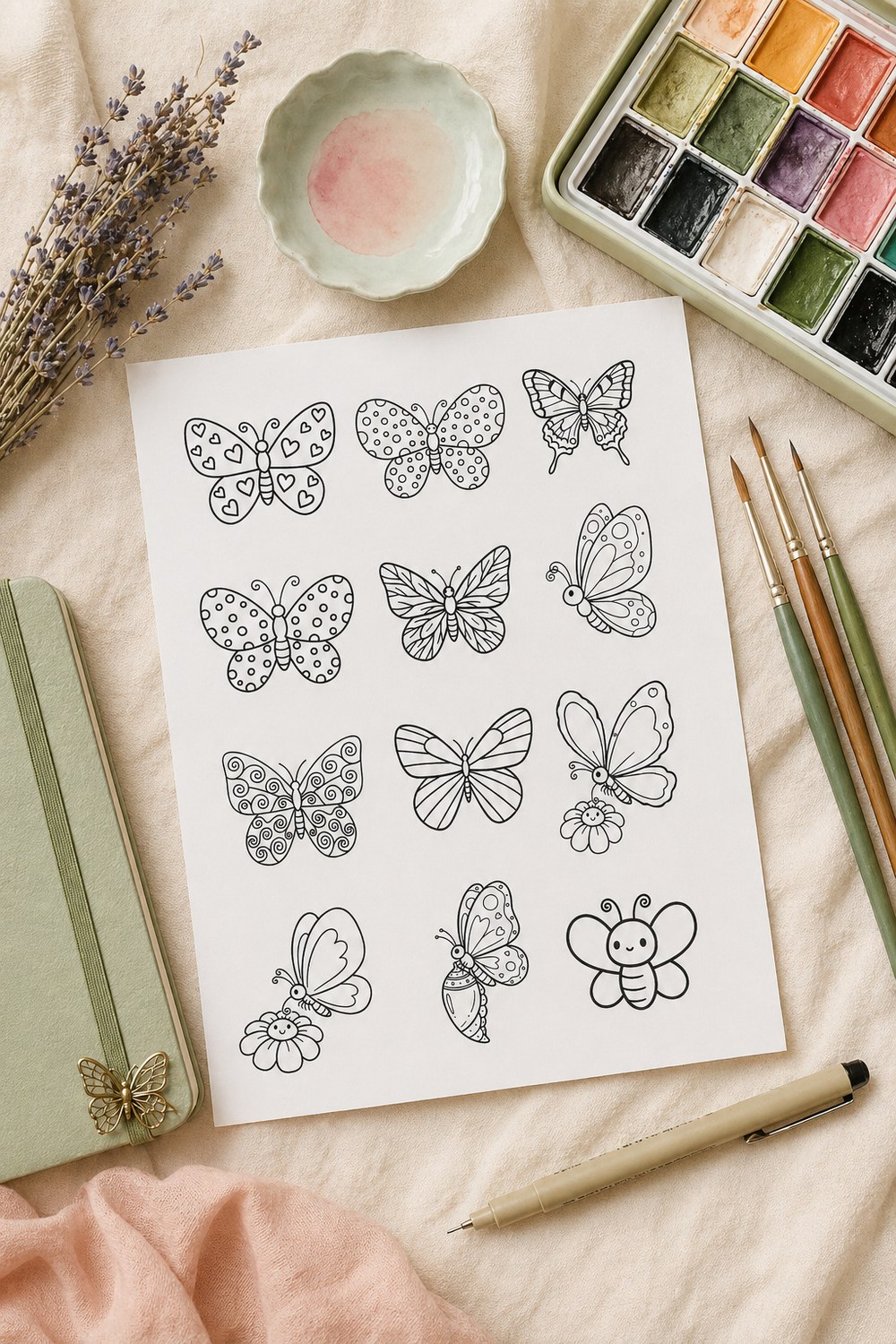 Flat lay of beginner drawing supplies on a linen surface &mdash; pencils, fineliner, soft eraser, blank sketchbook open to a butterfly outline