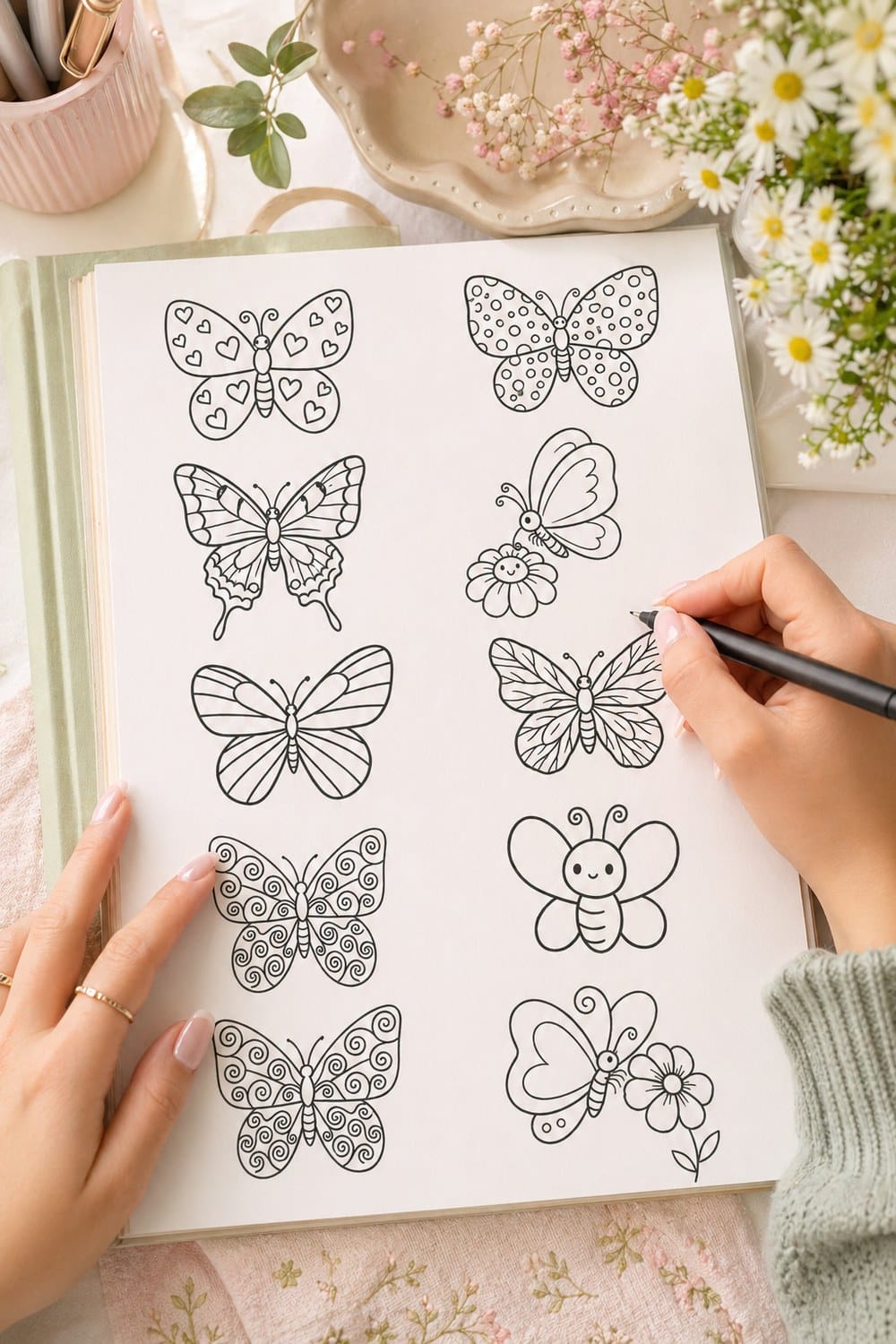 A hand drawing a cute butterfly outline in a cream sketchbook, soft natural light, simple wood pencil