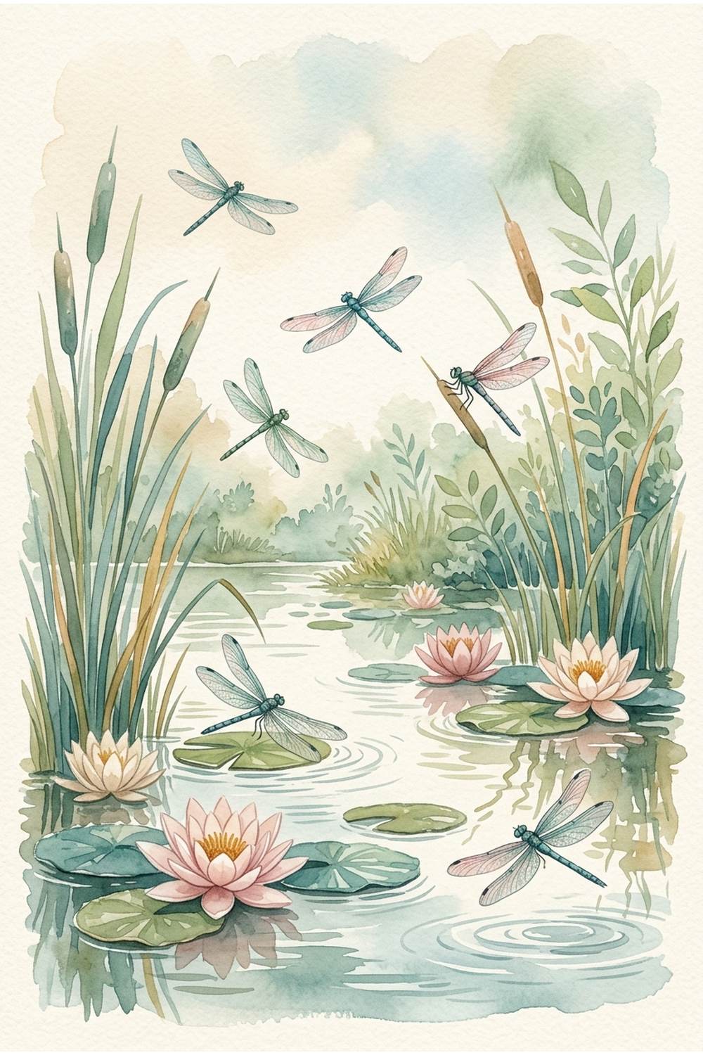 watercolour pond scene with cute dragonflies and lily pads