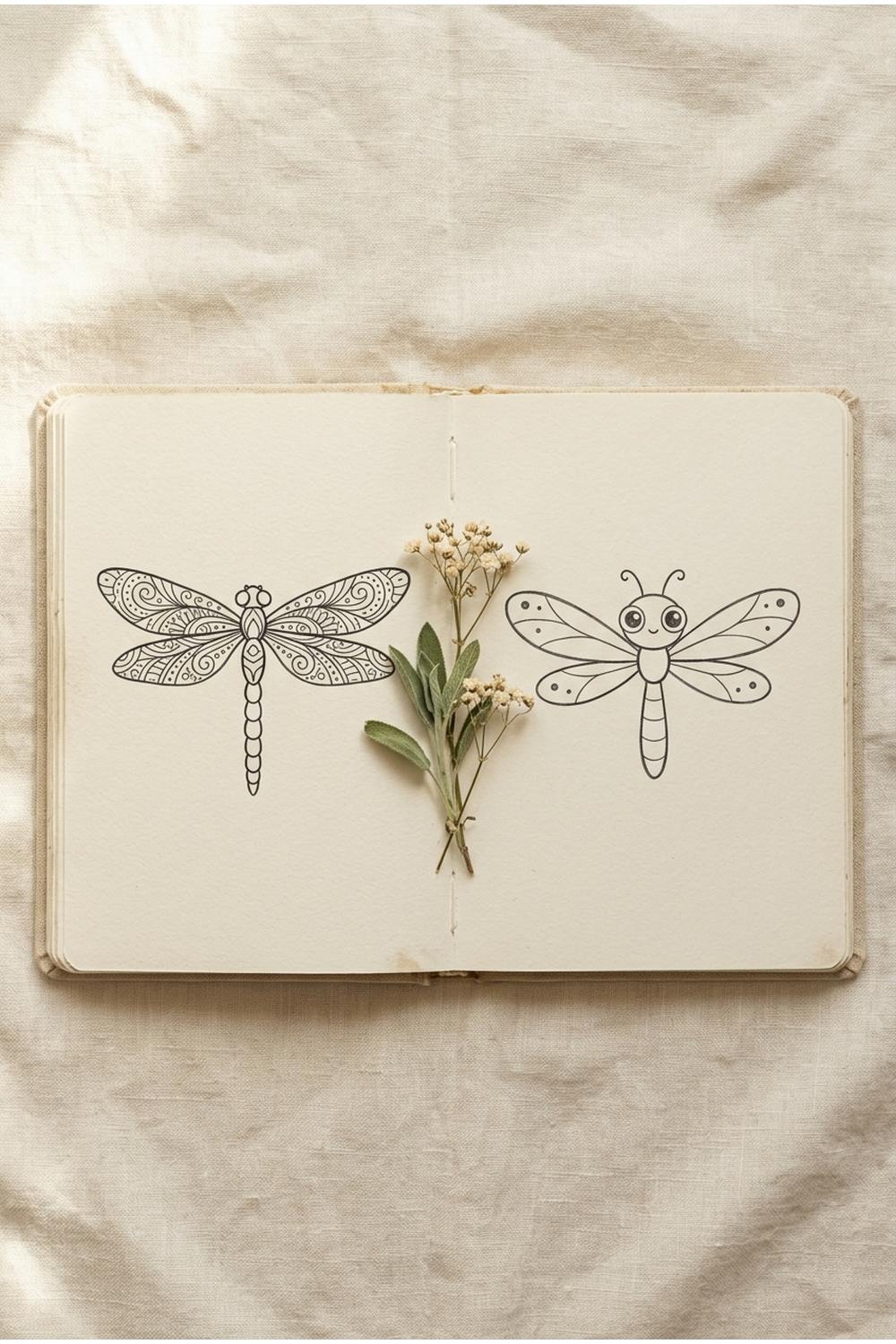 open sketchbook with cute dragonfly outline drawings