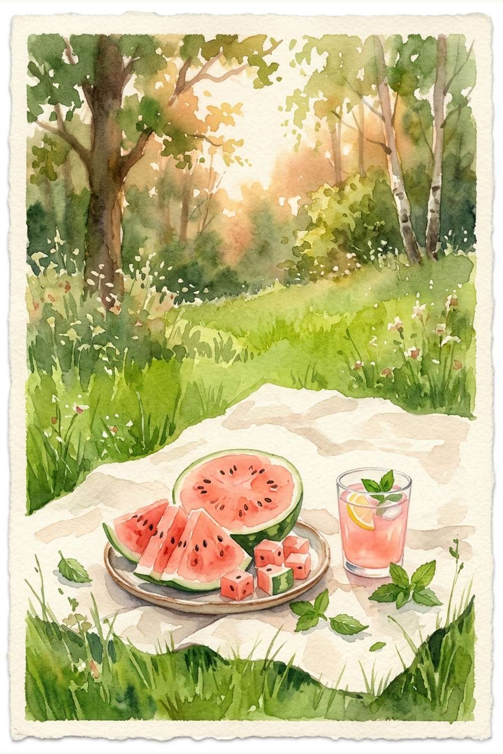Watercolour watermelon picnic scene with coral pink slices on linen