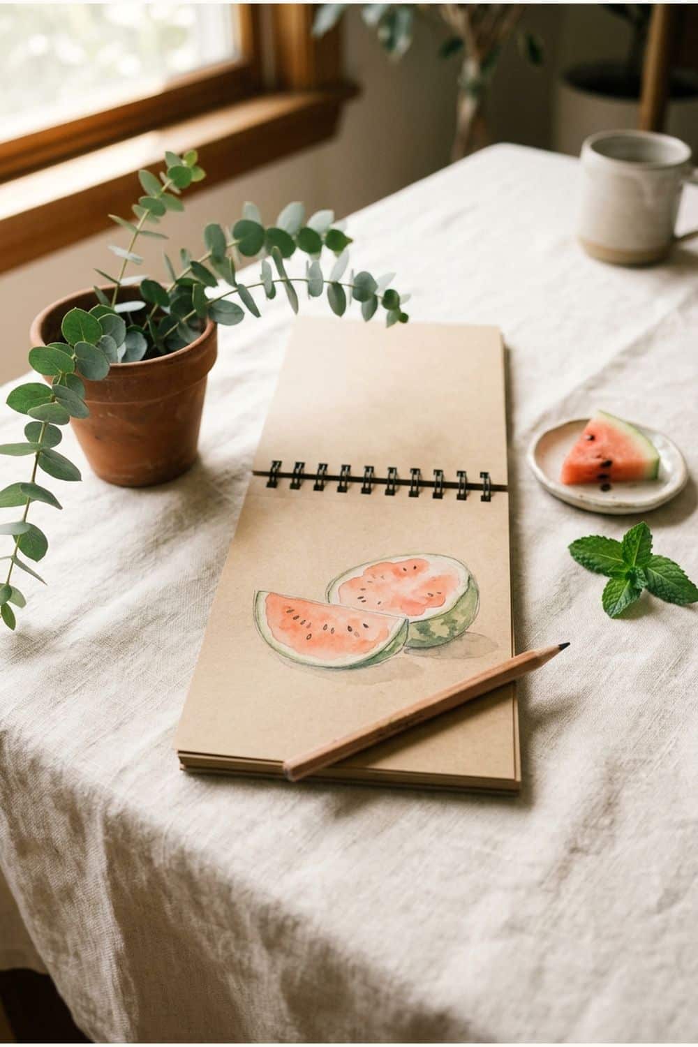 Watermelon drawing in a sketchbook with mint and pink lemonade