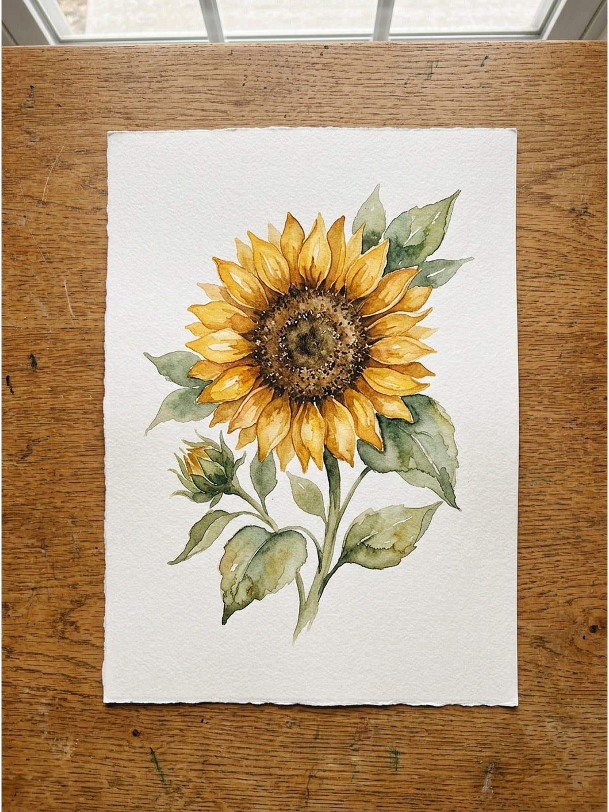 Loose watercolor painting of sunflowers on cold press watercolor paper