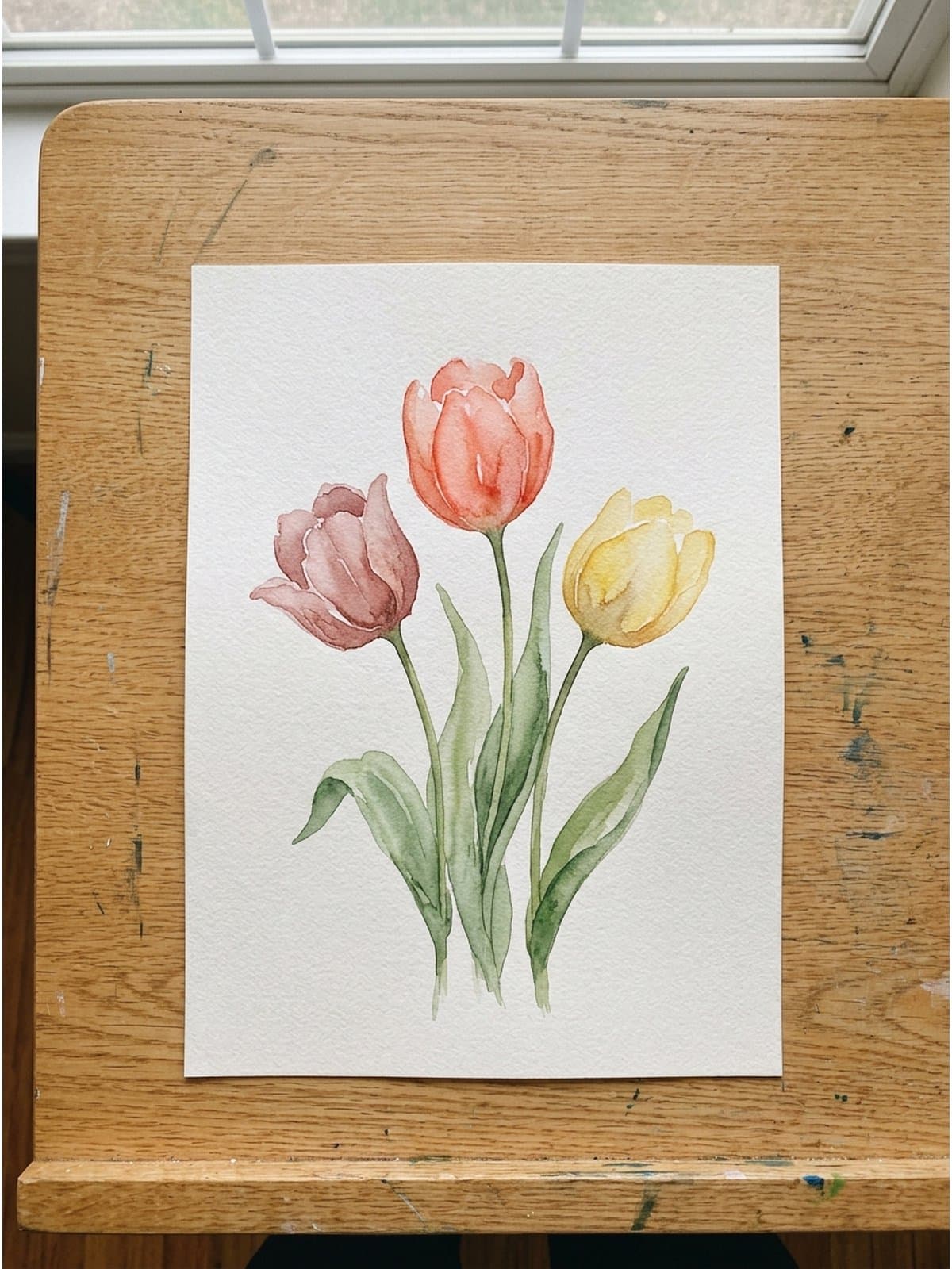 Loose watercolor painting of tulips on cold press watercolor paper