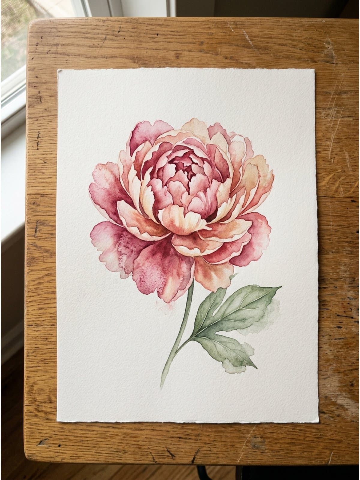 Loose watercolor painting of peonies on cold press watercolor paper