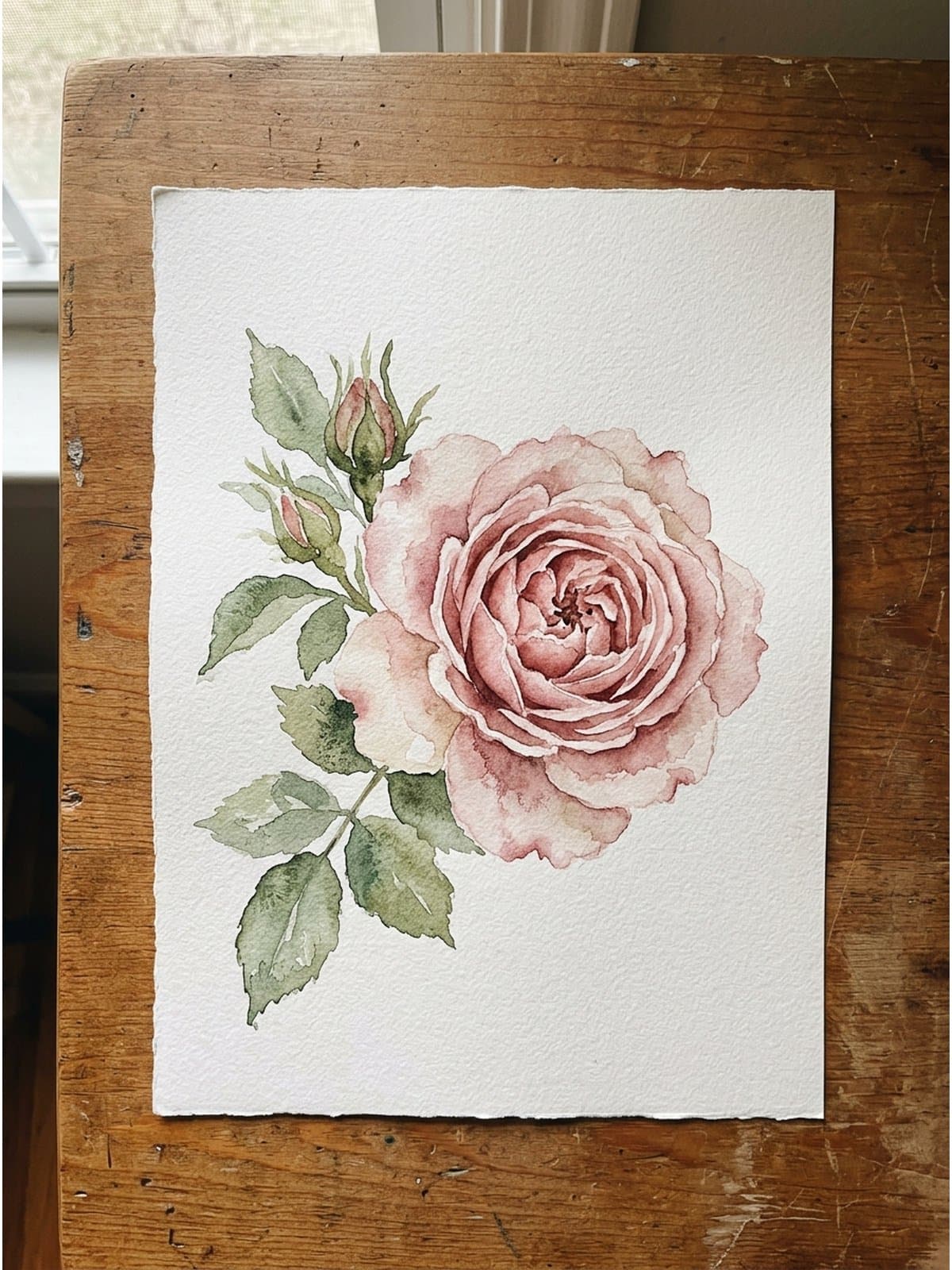 Loose watercolor painting of roses on cold press watercolor paper