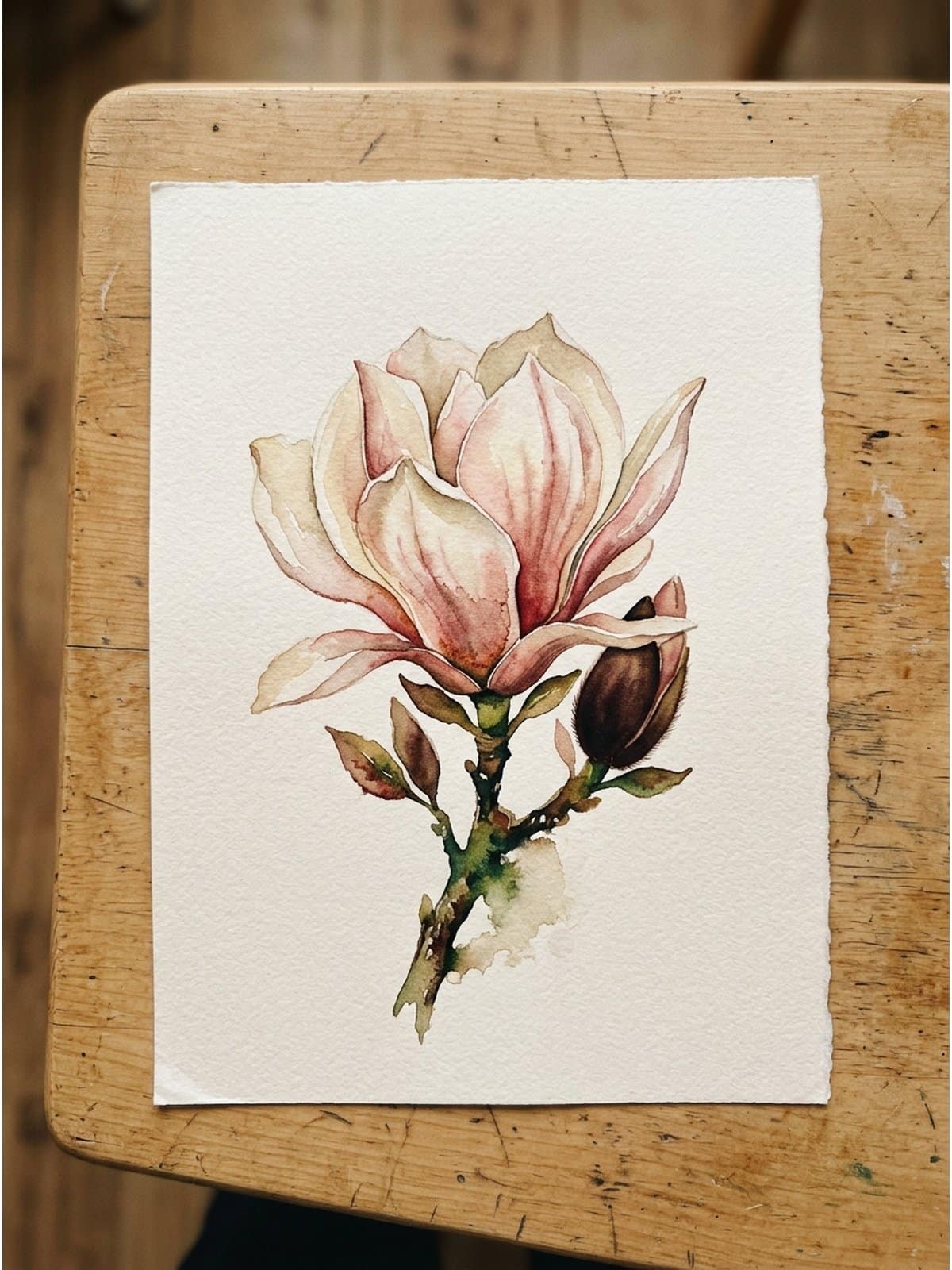 Loose watercolor painting of magnolias on cold press watercolor paper