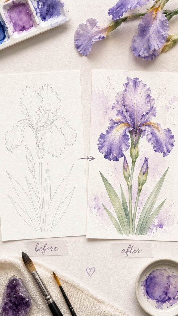 Before and after watercolor iris painting from free outline template &mdash; Artsydee