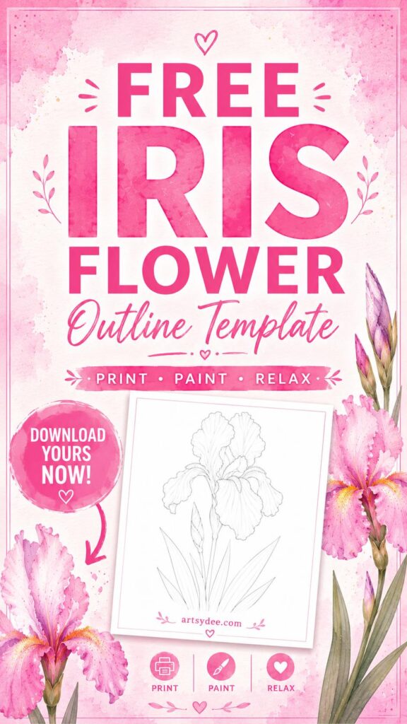 Free iris outline template with soft pink watercolor wash &mdash; Artsydee