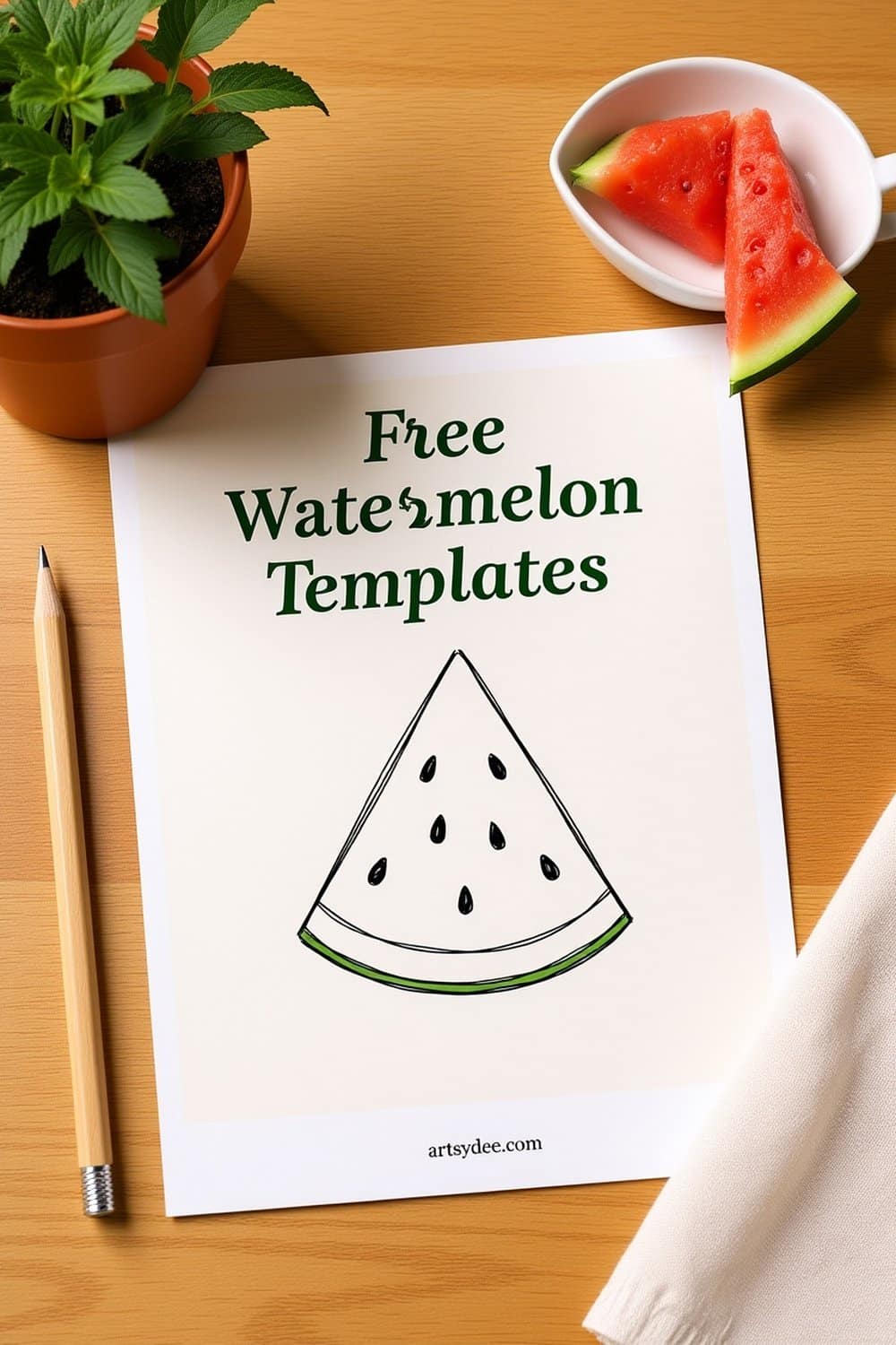 Free watermelon templates printed on a craft desk with mint