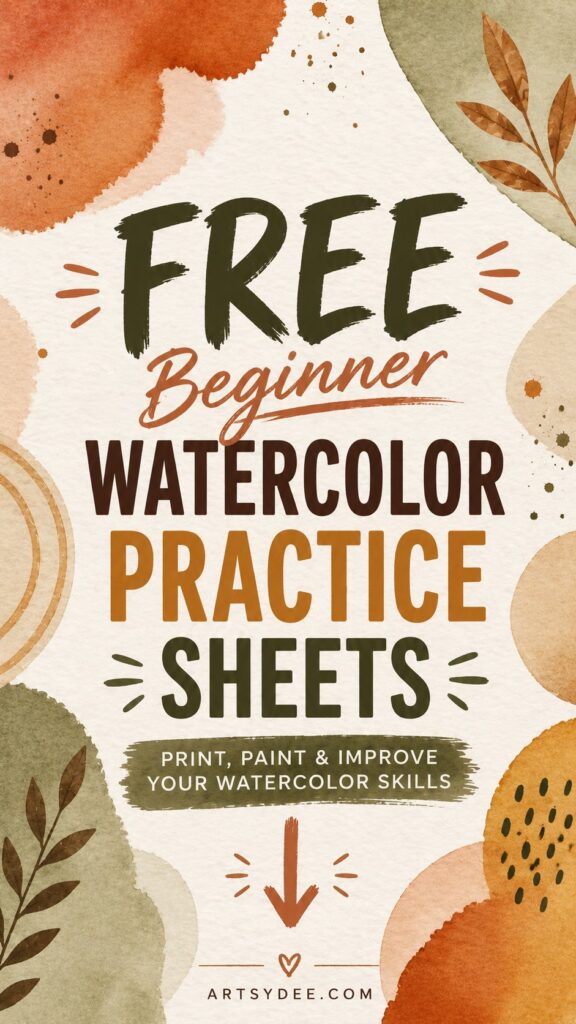 Pinterest pin reading 'FREE Beginner Watercolor Practice Sheets — Print, Paint & Improve Your Watercolor Skills' on a cream paper background with earthy autumn watercolor washes and small leaf motifs.