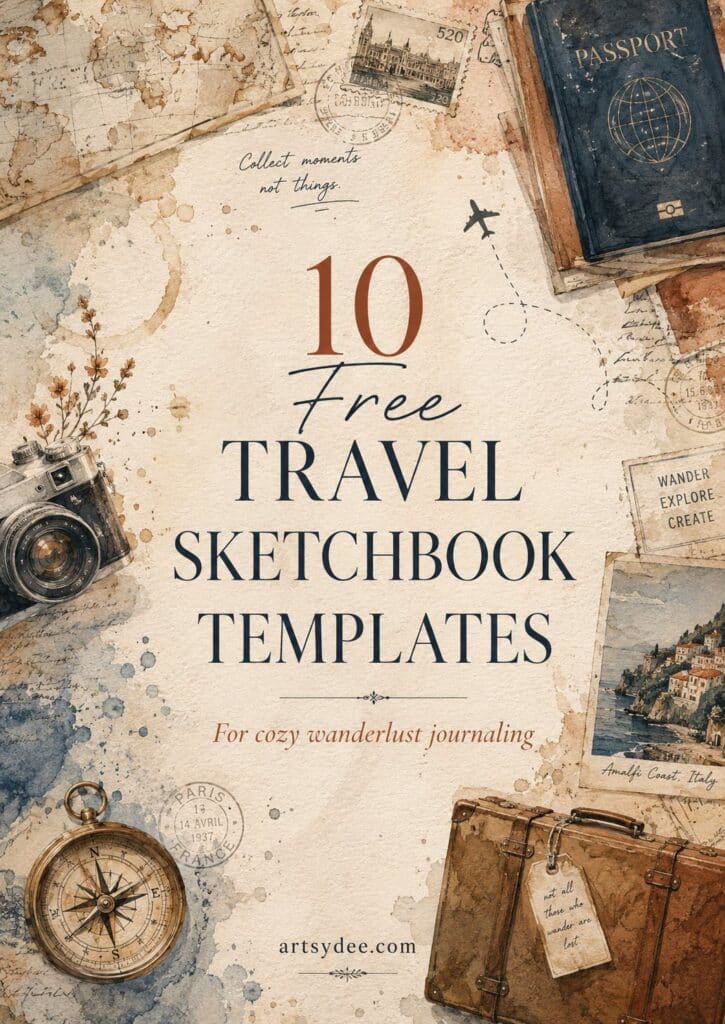Cover page of the 10 Free Travel Sketchbook Templates printable pack with vintage compass and passport