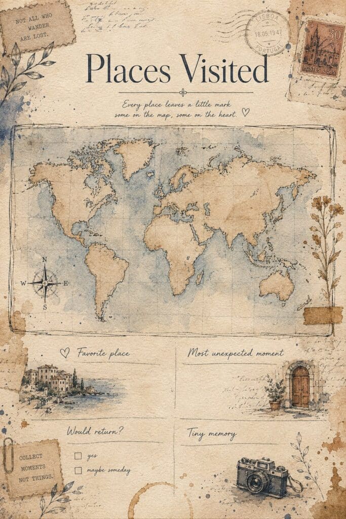 Free Travel Sketchbook Templates Places Visited travel sketchbook printable with vintage world map and favourite-place prompts