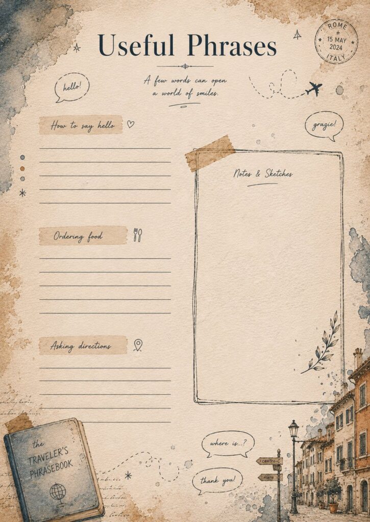 Free Travel Sketchbook Templates Useful Phrases travel phrasebook sketchbook printable with hello ordering food asking directions sections