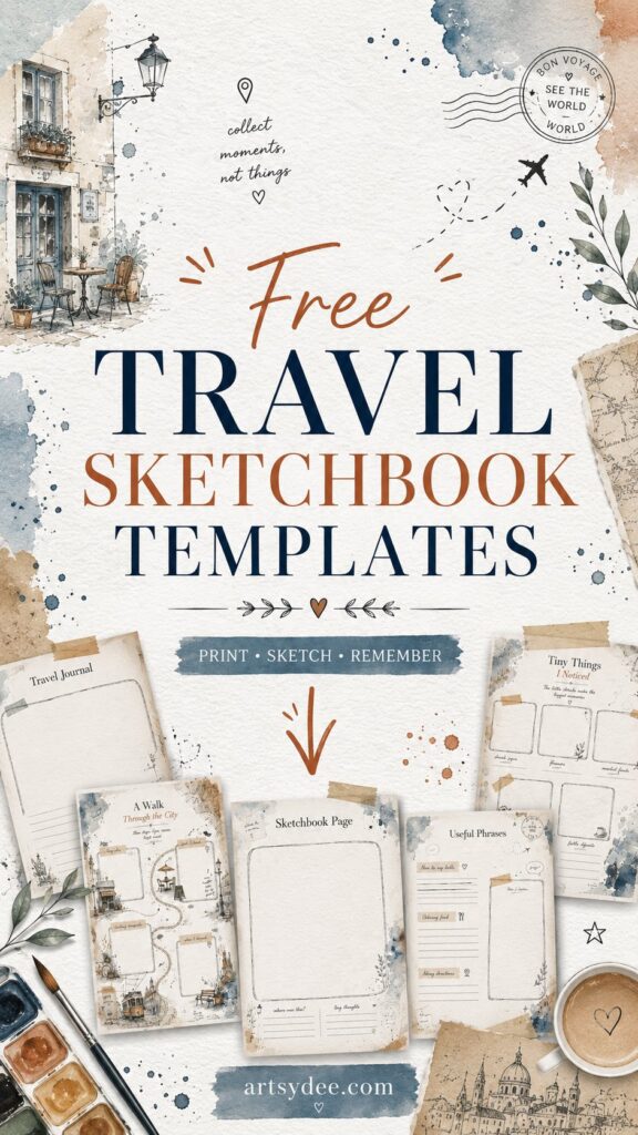 Free Travel Sketchbook Templates : Free Travel Sketchbook Templates with three fanned LM pages and arrow