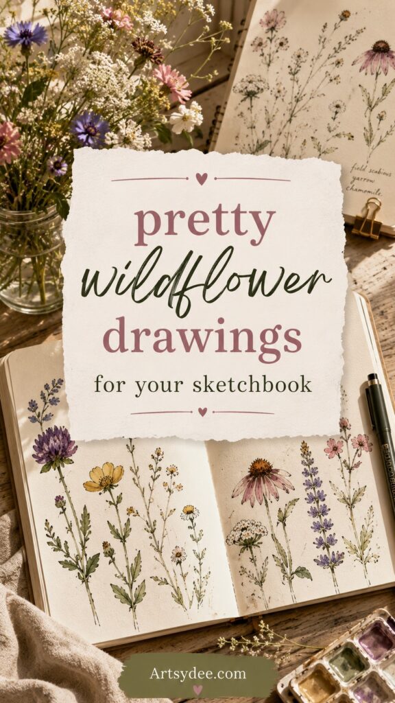 Pinterest pin reading 'pretty wildflower drawings for your sketchbook' on a torn cream paper card, layered over a real sketchbook open to delicate pencil wildflower drawings, a small jar of fresh mixed wildflowers, a black pen, and a watercolour palette on a rustic wooden desk.